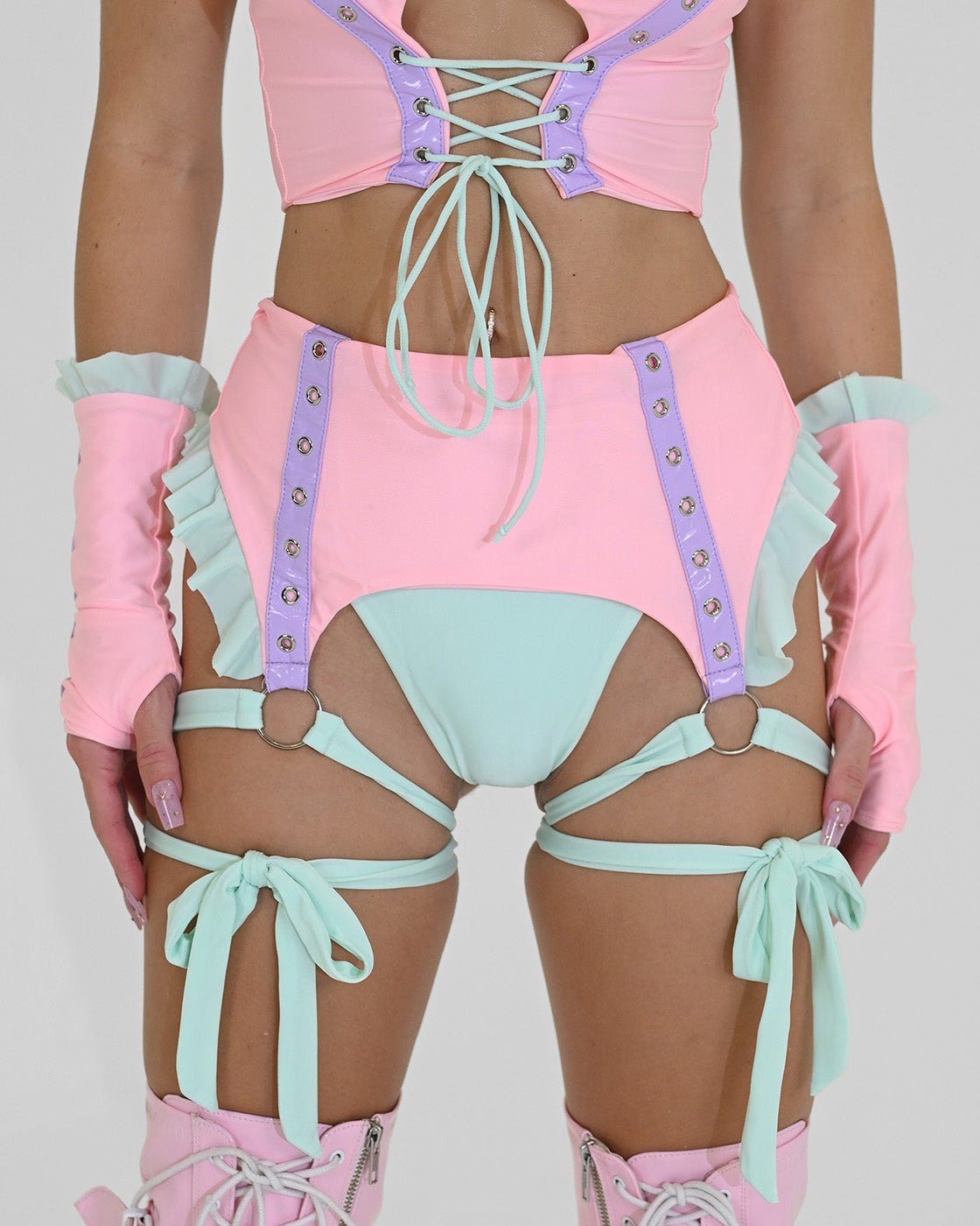 Cotton Candy Garter Belt Bikini Bottoms by SUSPEX Rave Outfits, small size, colorful and stylish swimwear for women.