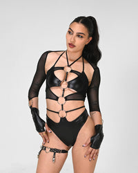 Black SUSPEX Rave Outfits Vixen Bodysuit, X-Small, close-up view showing fitted design and smooth fabric.