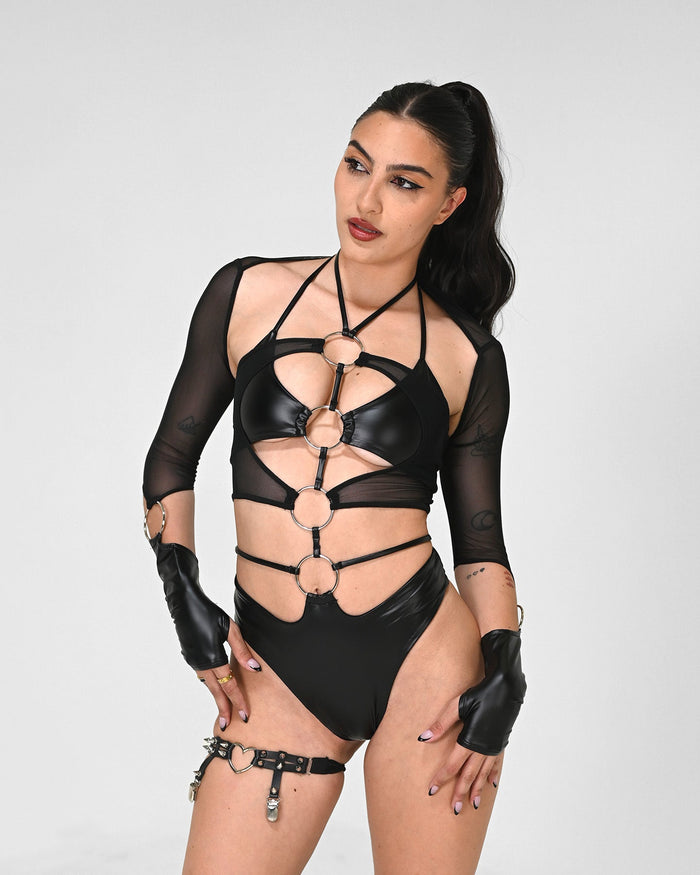 Black SUSPEX Rave Outfits Vixen Bodysuit, X-Small, close-up view showing fitted design and smooth fabric.