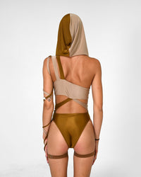 Brown Desert Dawn Bodysuit by SUSPEX Rave Outfits, a one-piece rave bodysuit with desert-inspired design details.