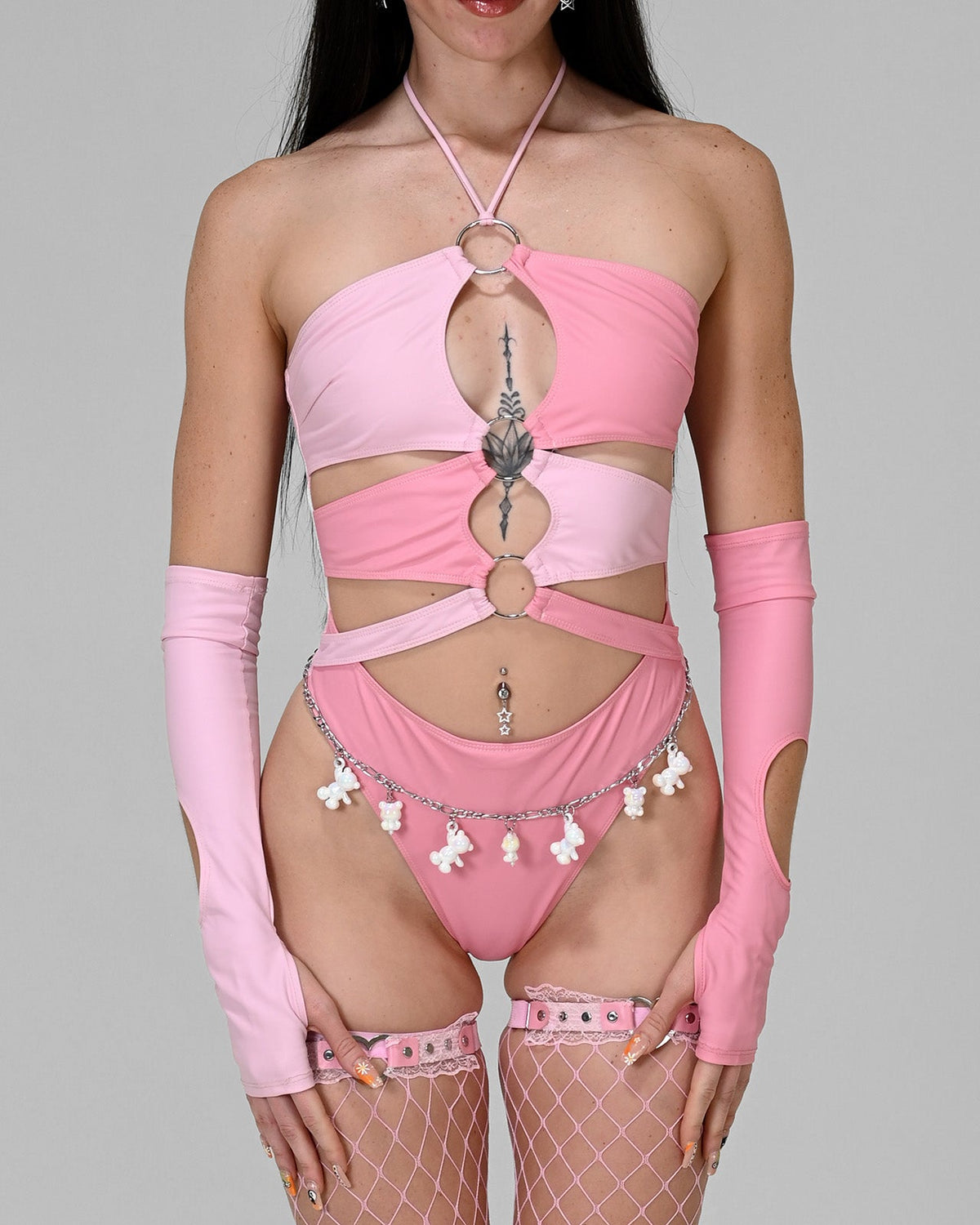 Pink infinity bodysuit by SUSPEX Rave Outfits featuring a sleek, fitted design ideal for festival and rave fashion.