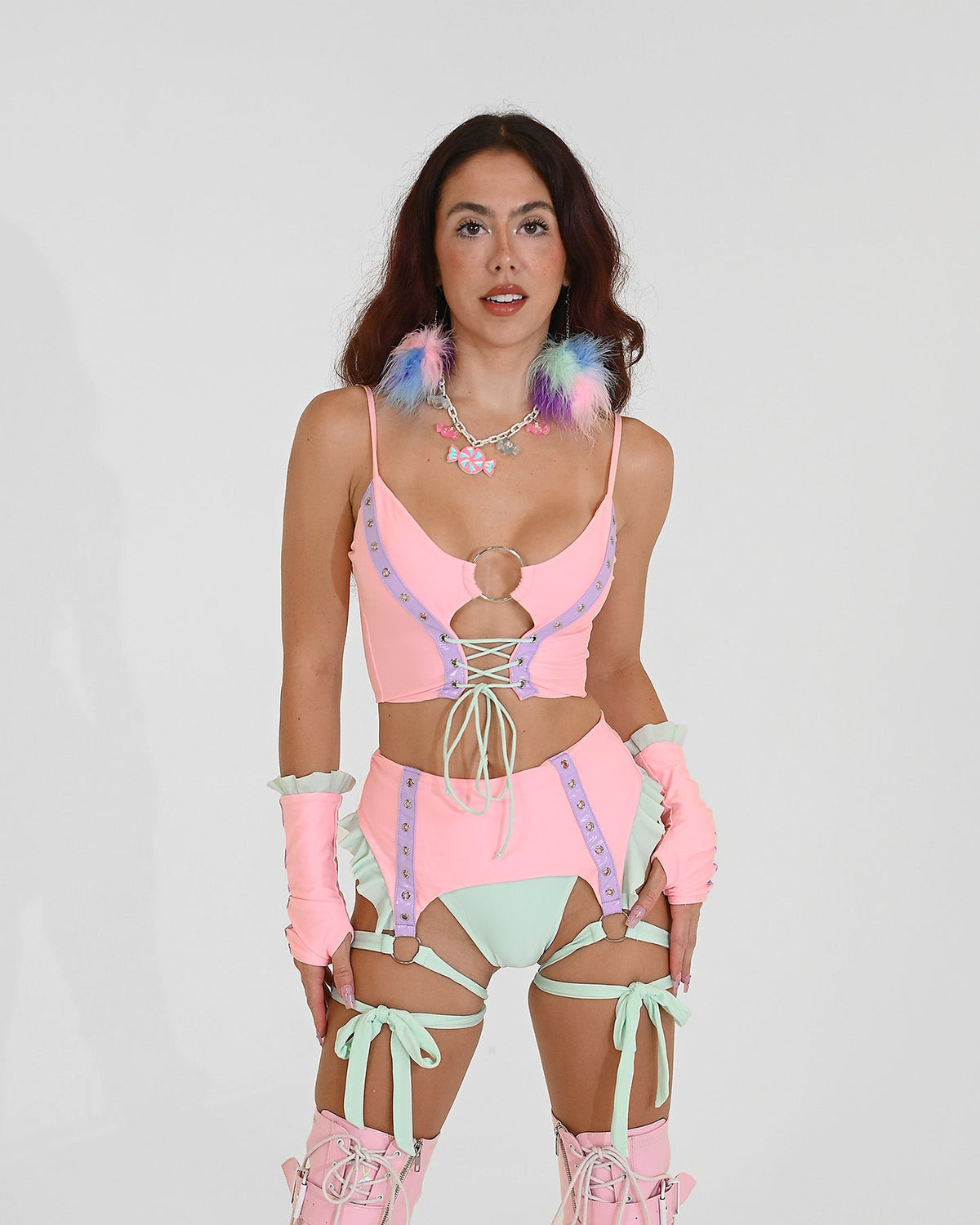 Small Cotton Candy lace-up crop top by SUSPEX Rave Outfits featuring cotton fabric and stylish lace-up design.