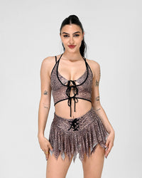 Leopard Luxe Crop Top by SUSPEX Rave Outfits featuring a cheetah print, perfect for festival fashion and rave outfits.