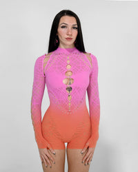 Sunset Rebel romper jumpsuit by SUSPEX Rave Outfits featuring a vibrant sunset-inspired design and one-size fit.