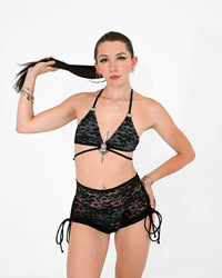 Suspex Rave Outfits lace bikini with matching shrug top, small size, featuring delicate lace fabric and stylish design.