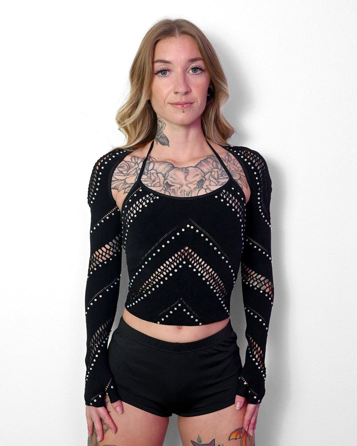 Black halter bolero top with sparkle detailing from SUSPEX Rave Outfits, featuring a fitted design and stylish rave fashion look.