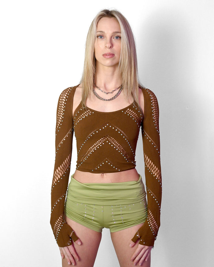 Brown halter festival top with cutout design, part of SUSPEX Rave Outfits' brown halter bolero set, shown on a model.