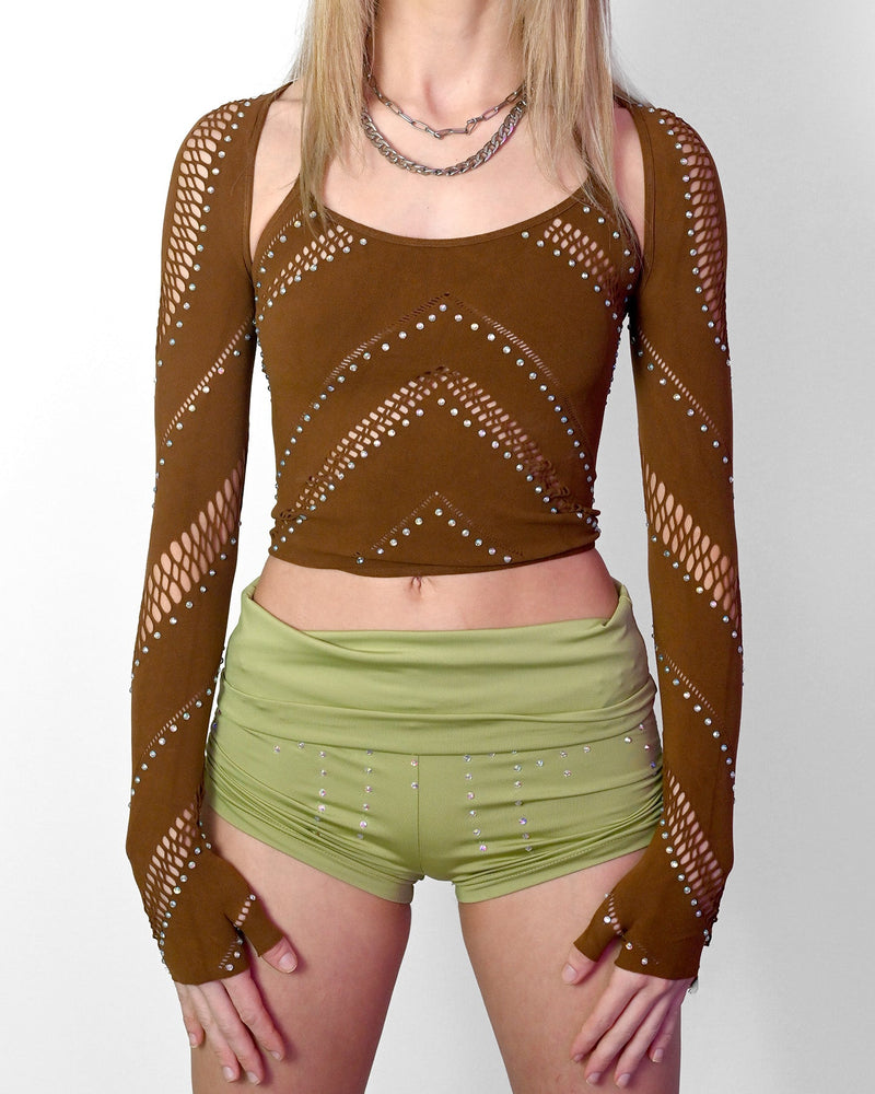 Brown halter crop top with cutout details, part of SUSPEX Rave Outfits' festival bolero set, designed for vibrant dance and rave events.