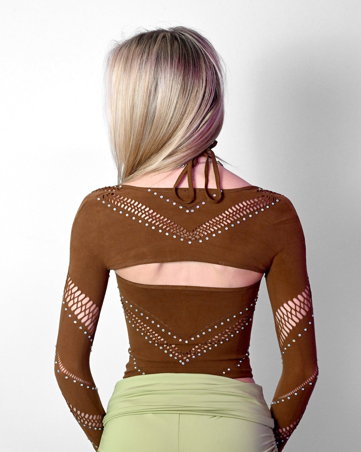 Brown halter bolero top by SUSPEX Rave Outfits, casual rave style with sleeveless design and fitted cut.