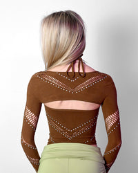 Brown halter bolero top by SUSPEX Rave Outfits, casual rave style with sleeveless design and fitted cut.