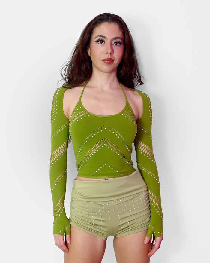 Green sparkle halter rave top from SUSPEX Rave Outfits, featuring a fitted design and vibrant green color.