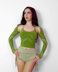 Green halter top from SUSPEX Rave Outfits, casual rave style bolero set with vibrant fabric and fitted design.