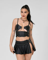 Suspex Rave Outfits Rogue Corset Top in black, X-small, featuring a fitted, stylish design perfect for dance and rave fashion.