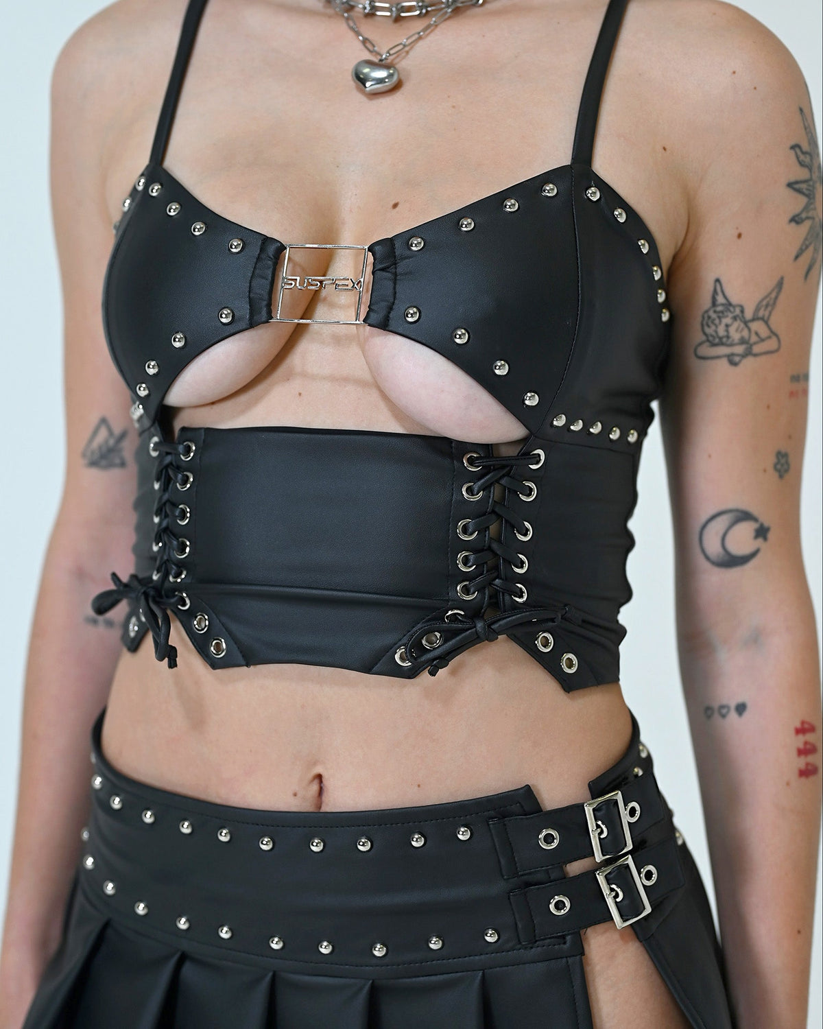 Small SUSPEX Rave Outfits Rogue Corset Top featuring a fitted, stylish design with lace-up detail and modern rave fashion style.