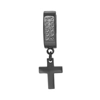 Black cubic zirconia cross pendant huggie hoops in 14K gold-plated silver, stylish JB Jewelry BLVD earrings.