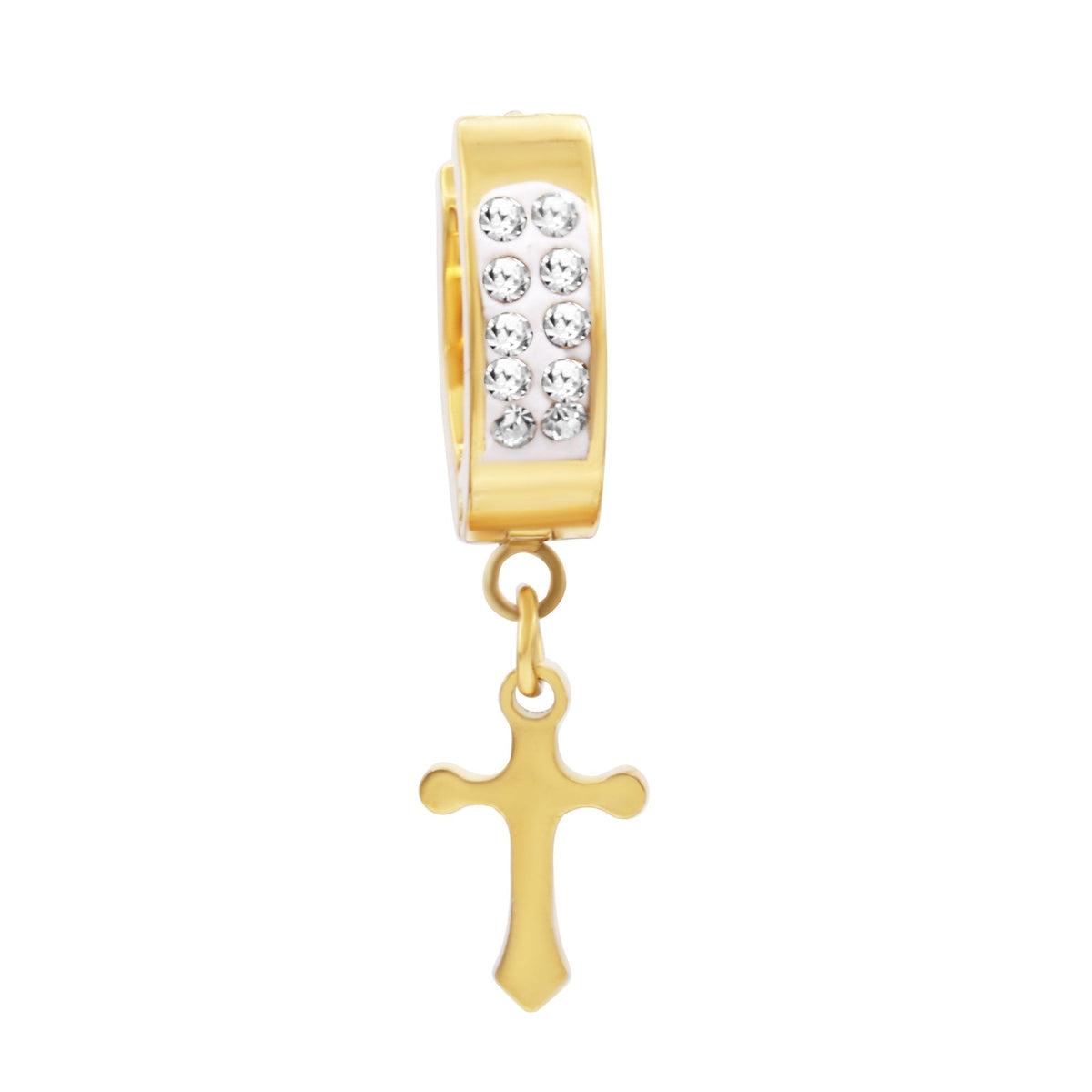 Black 14K gold plated silver cubic zirconia cross pendant huggie hoops earrings with sparkling stones and detailed cross design.