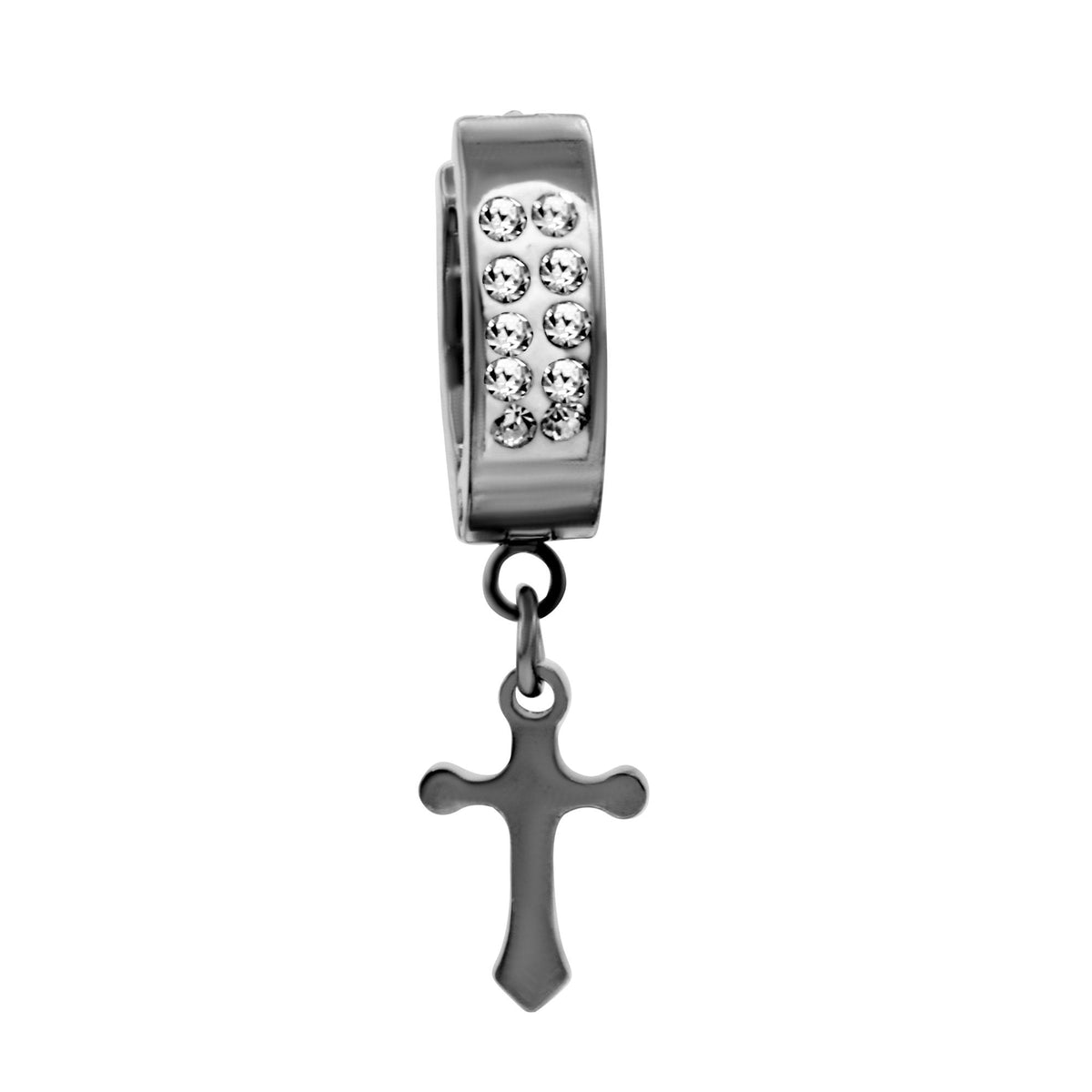 Black cubic zirconia cross pendant huggie hoop earrings in 14K gold-plated silver, stylish jewelry by JB Jewelry BLVD.