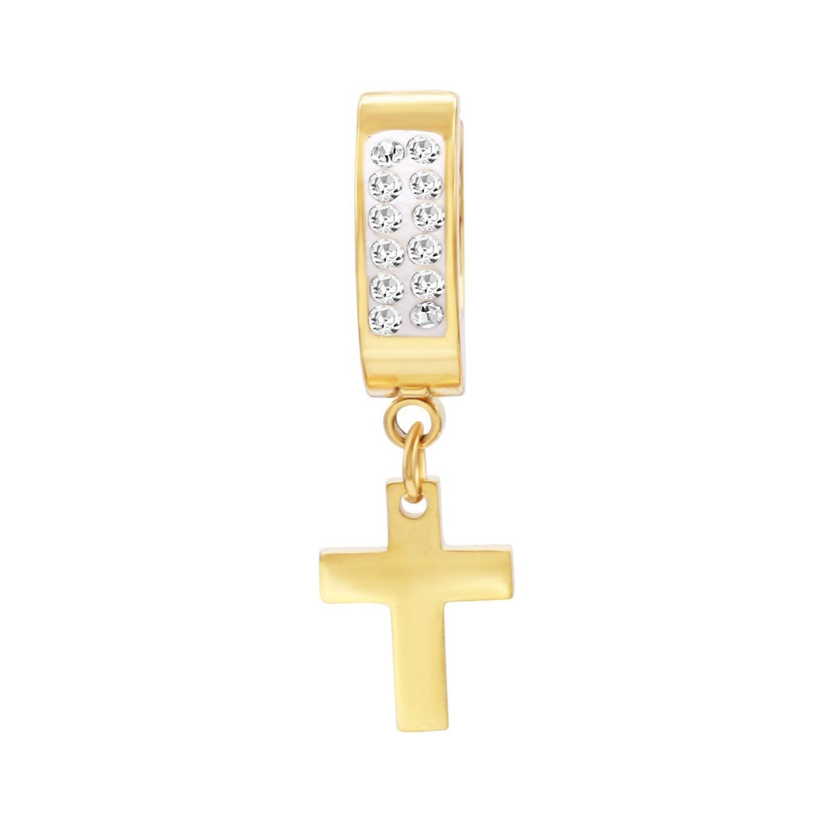 Black cubic zirconia cross pendant huggie hoops in 14K gold-plated silver, featuring sparkling stones and sleek design.