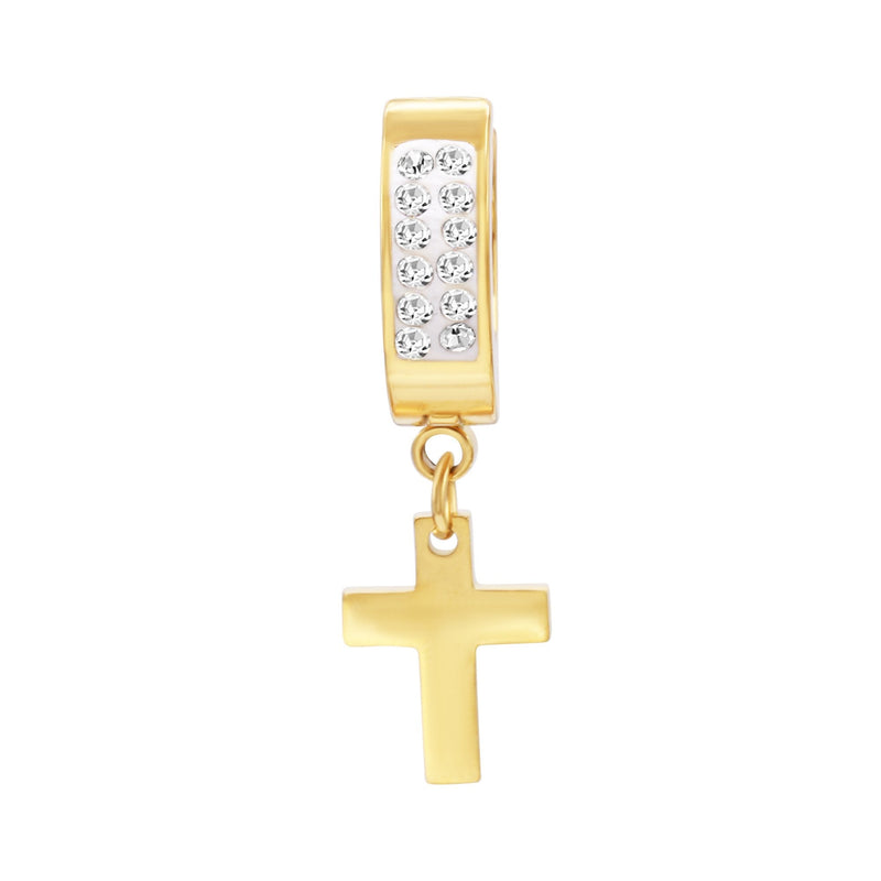Black cubic zirconia cross pendant huggie hoops in 14K gold-plated silver, featuring sparkling stones and sleek design.