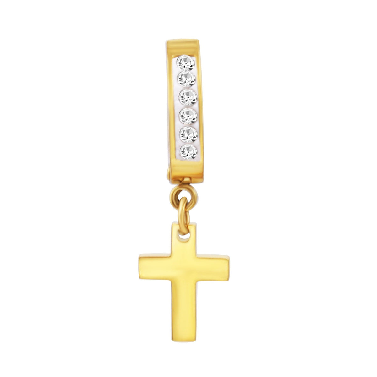 Black cubic zirconia cross pendant huggie hoops in 14K gold plated silver with sparkling stones, stylish jewelry by JB Jewelry BLVD