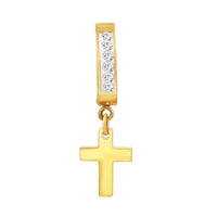 Black cubic zirconia cross pendant huggie hoops in 14K gold plated silver with sparkling stones, stylish jewelry by JB Jewelry BLVD