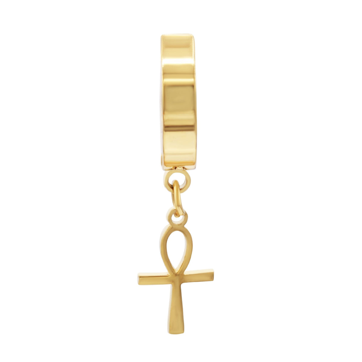 Black 14K gold-plated silver Ankh cross pendant huggie earrings with detailed design, by JB Jewelry BLVD.