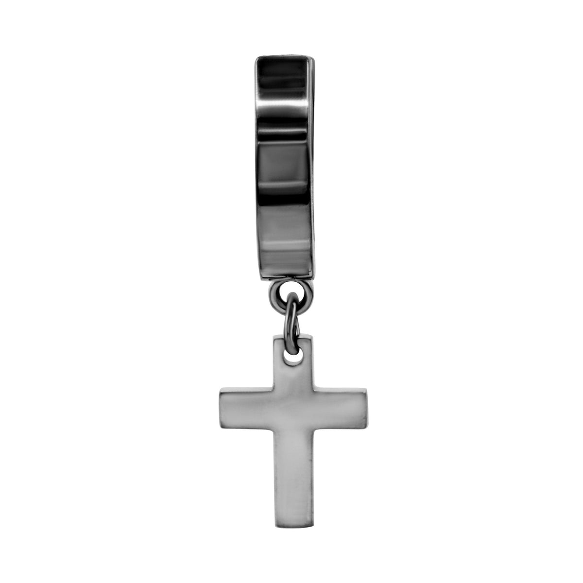 Black gold-plated silver cross pendant huggie hoops earrings featuring delicate cross charms, stylish and lightweight jewelry.
