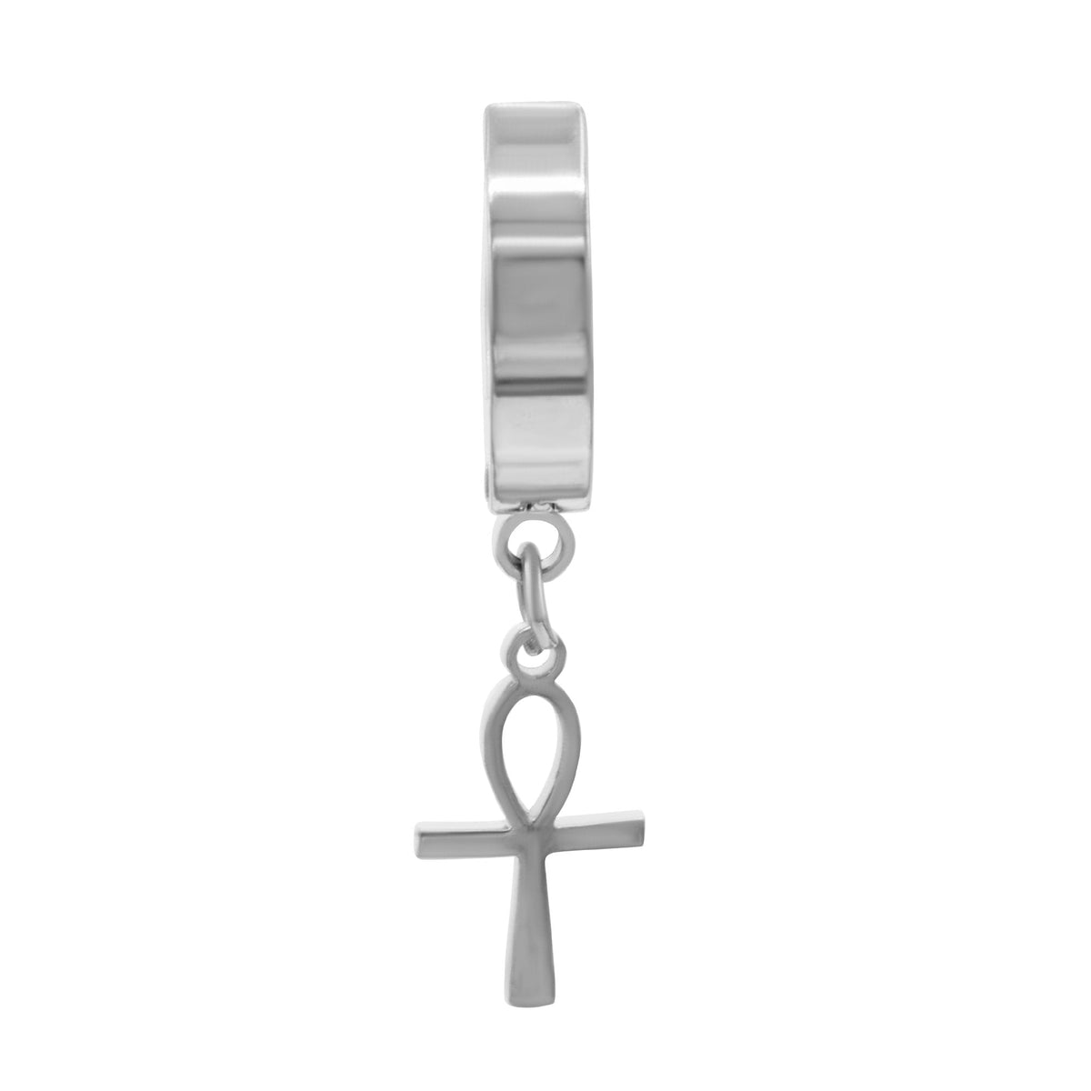 14K gold plated silver Ankh cross pendant huggie hoops earrings featuring black accents, stylish jewelry by JB Jewelry BLVD.
