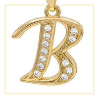 A-Z initial letter pendant with cubic zirconia stones, 14K gold filled charm jewelry for women, shown on a neutral background.