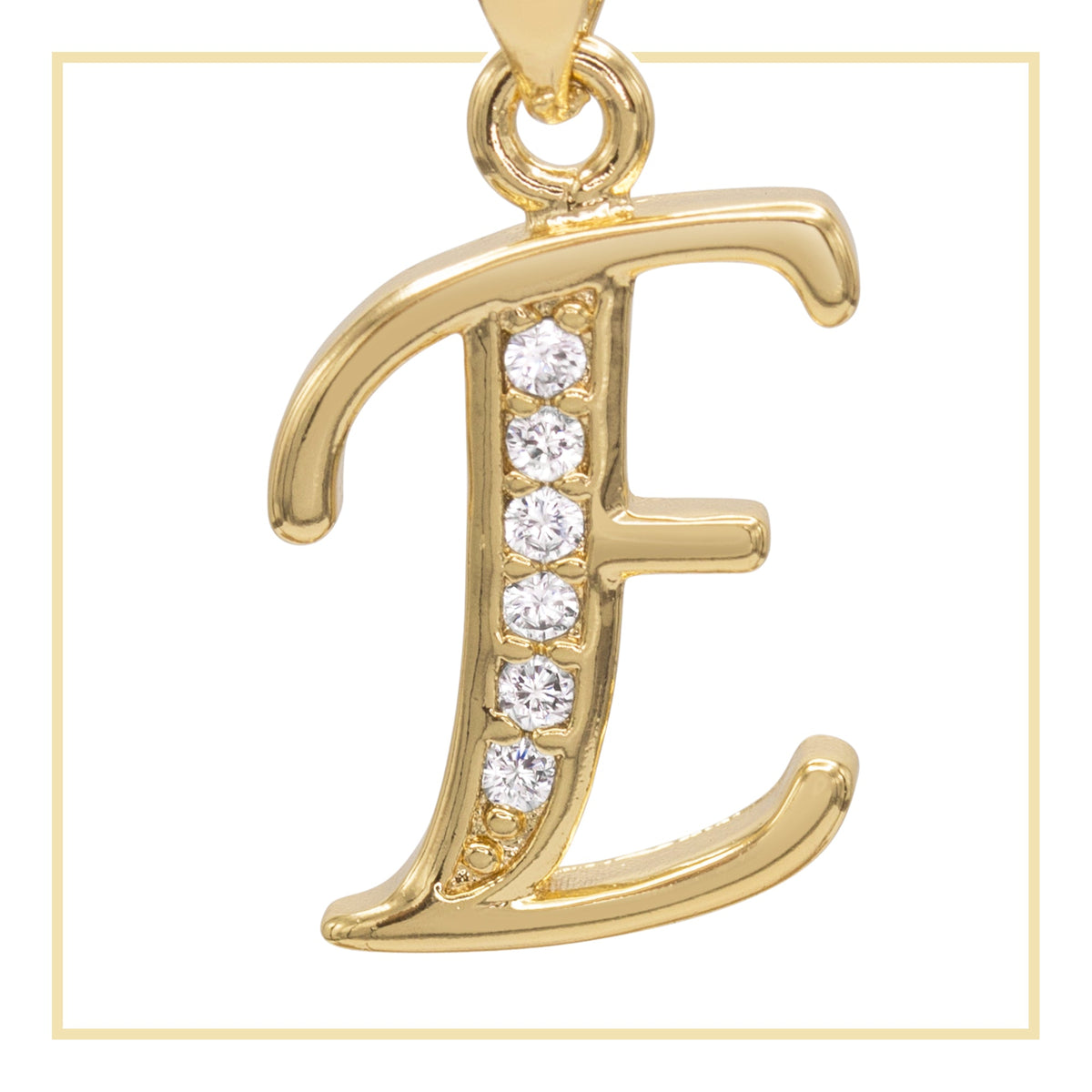 A-Z initial letter pendant with cubic zirconia stones, 14K gold-filled charm for women jewelry, shown on a swatch.