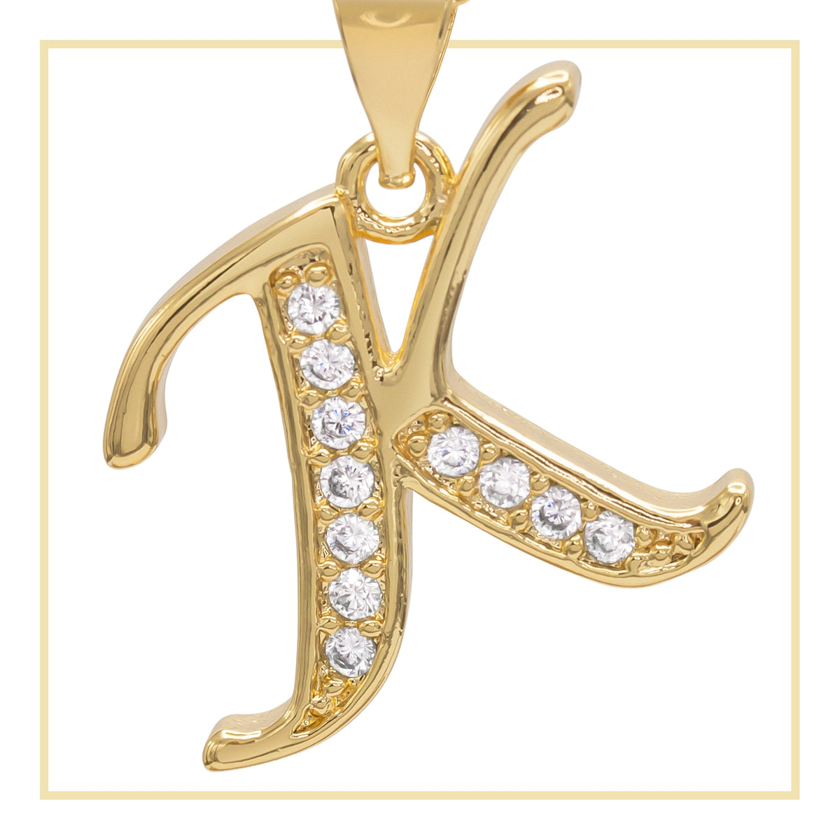 A-Z initial letter pendant with cubic zirconia stones, 14K gold filled charm jewelry for women, shown in a close-up view.