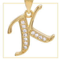 A-Z initial letter pendant with cubic zirconia stones, 14K gold filled charm jewelry for women, shown in a close-up view.