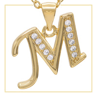 14K gold-filled A-Z initial letter pendant with cubic zirconia charm, jewelry piece for women.