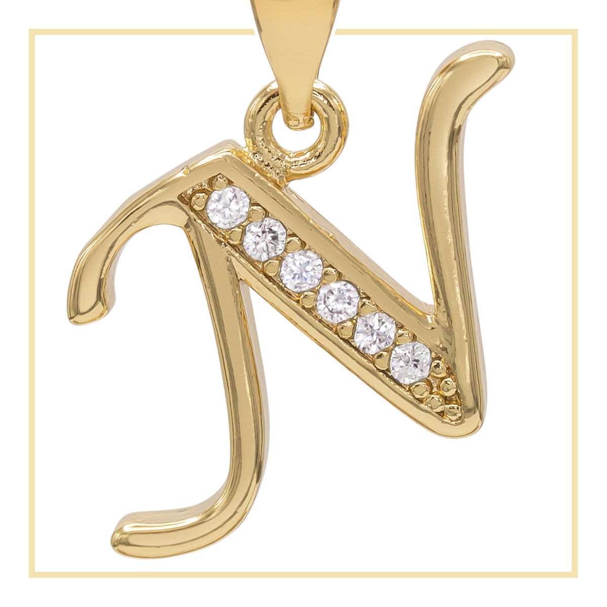 A-Z initial letter pendant with cubic zirconia stones, 14K gold-filled charm for women's jewelry, displayed on a neutral background.
