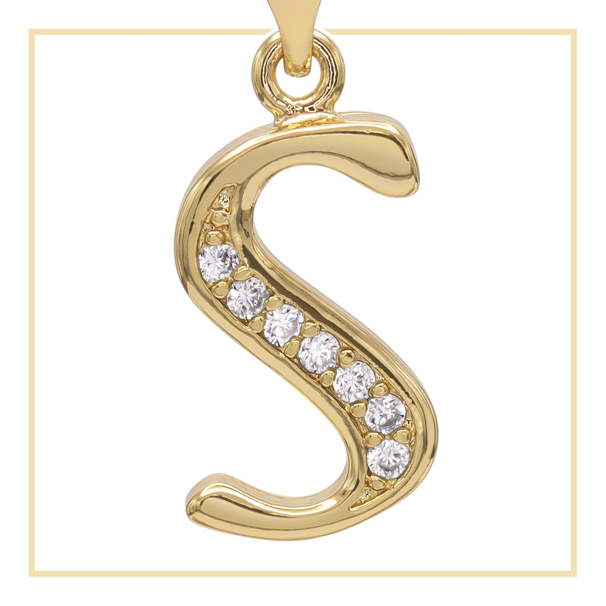 A-Z initial letter pendant with cubic zirconia stones in 14K gold-filled charm for women jewelry, displayed on a neutral background.
