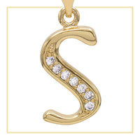 A-Z initial letter pendant with cubic zirconia stones in 14K gold-filled charm for women jewelry, displayed on a neutral background.