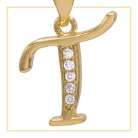 14K gold filled A-Z initial letter cubic zirconia pendant charm for women jewelry, displayed on a neutral background.