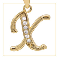 A-Z initial letter pendant with cubic zirconia stones, 14K gold-filled charm jewelry for women, displayed on a neutral background.