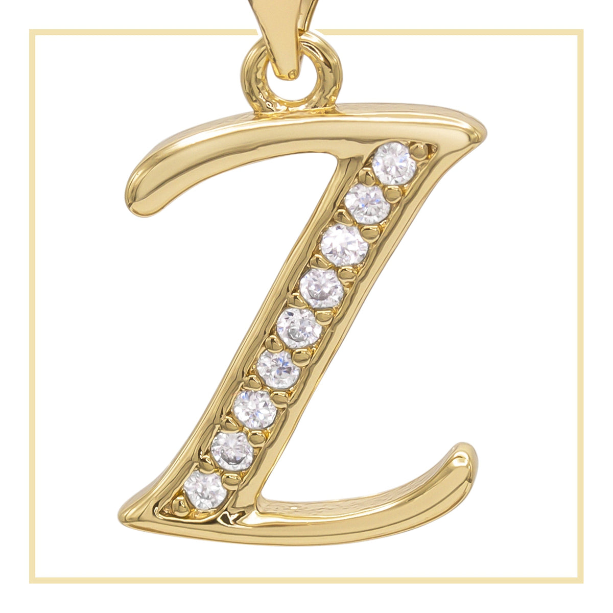 A-Z initial letter pendant with cubic zirconia accents, 14K gold-filled charm for women jewelry, featuring the letter design on a white background.
