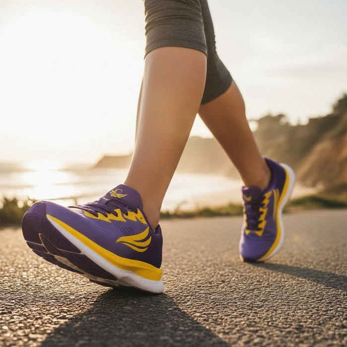 Purple Swift Running Equus Women’s athletic shoes with breathable mesh and cushioned soles, designed for comfort and performance.