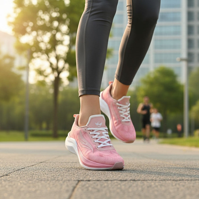 Pink CELER Women athletic shoes by Swift Running, featuring breathable mesh and cushioned soles for active wear.