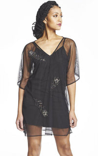 Beaded peacock deep V caftan dress by SymbologyClothing featuring intricate beadwork and flowing fabric in vibrant colors.