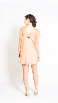 SymbologyClothing Dancing Fans Mini Dress in blush and black, showing a stylish sleeveless design with a fitted silhouette.