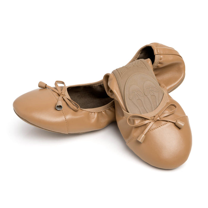 Talaria Flats premium caramel leather shoes with a half-folded design, showcasing stylish and comfortable footwear.