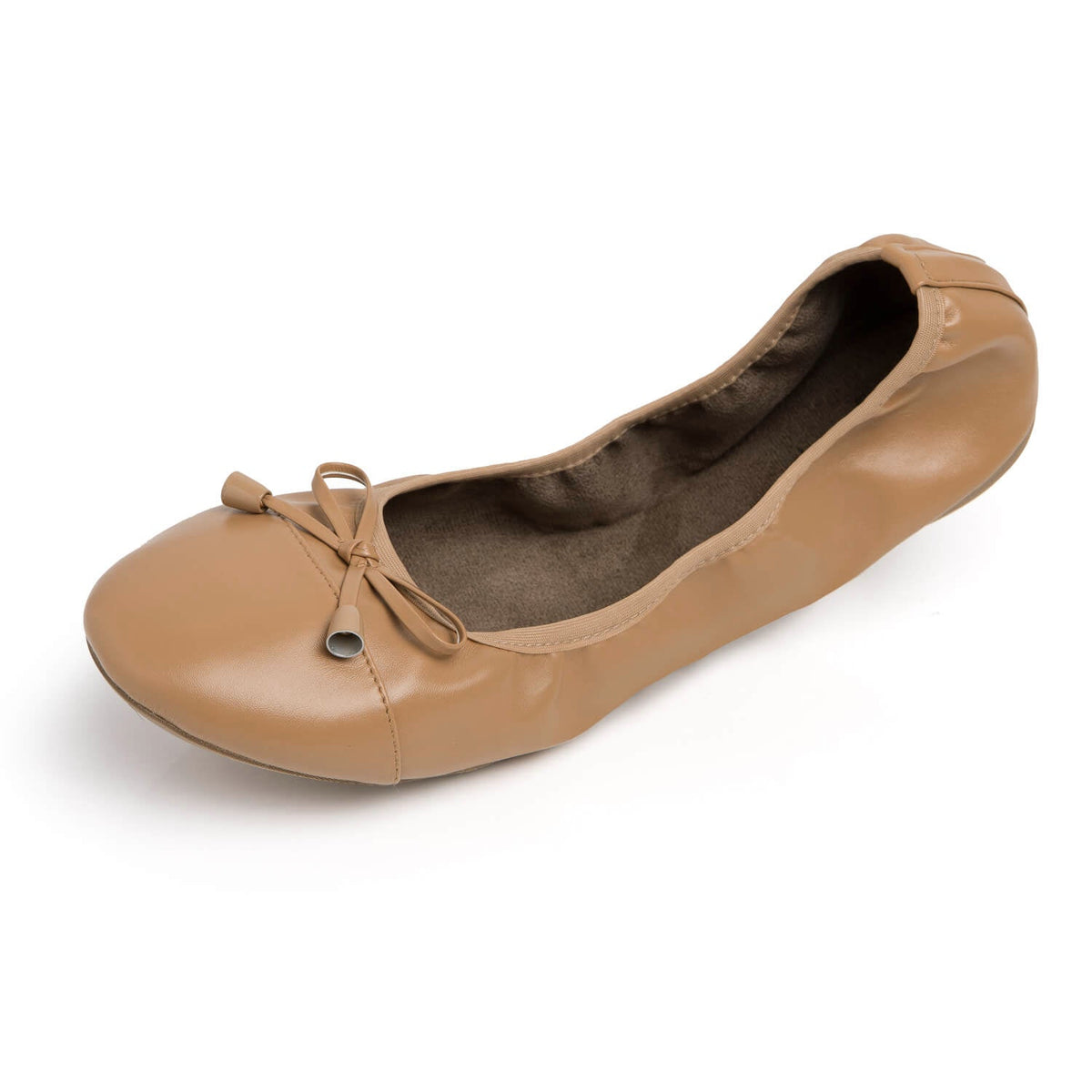 Talaria Flats caramel-colored shoes with a sleek, minimalist design, showcasing the comfortable and stylish flat footwear.