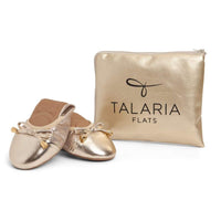 Talaria Flats Premium Champagne shoes featuring elegant, shiny fabric and sleek design for a stylish, comfortable look.