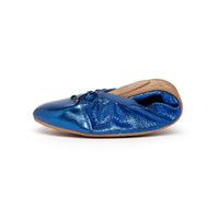 Cobalt blue Talaria Flats shoes with sleek design, featuring smooth leather and comfortable flat sole for casual wear.