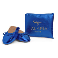 Cobalt blue Talaria Flats shoes with sleek design and comfortable fit, featuring a smooth leather finish and stylish low heel.