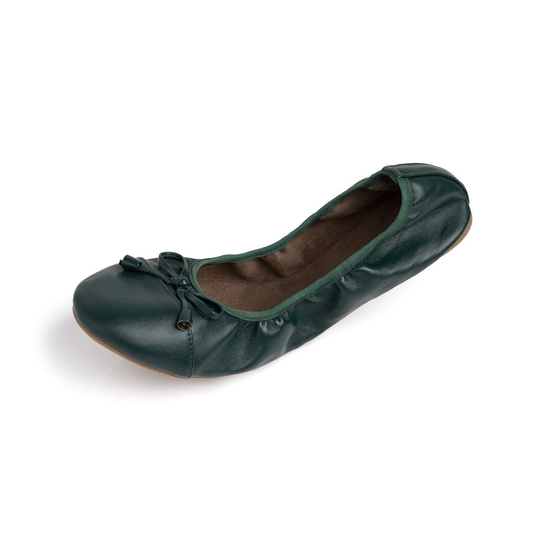 Green Talaria Flats shoes, premium evergreen flats with sleek design and comfortable fit, shown on a white background.
