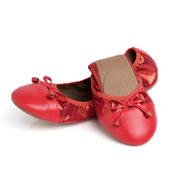 Talaria Flats premium ruby red shoes with a half-folded design, showcasing stylish, comfortable footwear for women.